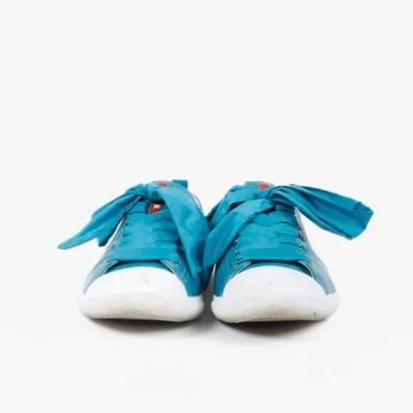 Prada Blue Patent Leather Ribbon Lace-Up Sneakers - Picture 2 of 10